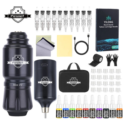 Rotary Wireless Tattoo Machine Kit – Complete Set with 10PCS Cartridge Needles, Permanent Makeup Tool for Tattoo Artists