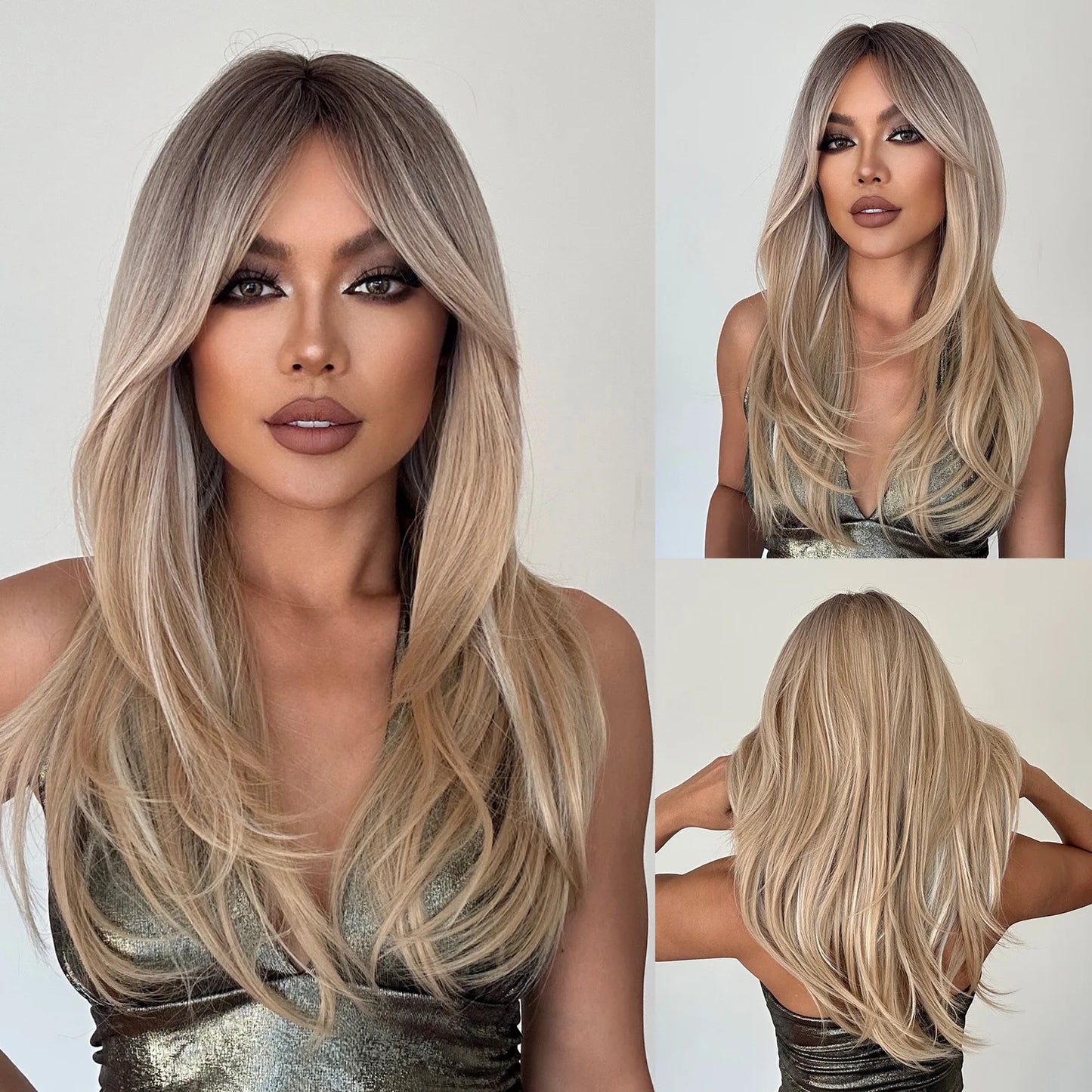 Long Straight Layered Blonde Wig with Platinum Highlights — Synthetic Hair with Bangs, Heat-Resistant for Women Daily & Cosplay