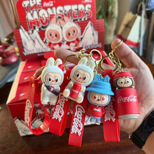 12pcs Labubu Monster Coca Cola Mini Doll Keychains — 4 Styles Action Figures for Kids
