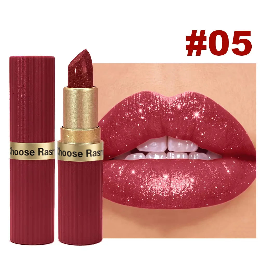 Pearlescent Pink Glitter Lipstick - Waterproof Long-Lasting Matte Metallic Shimmer Makeup