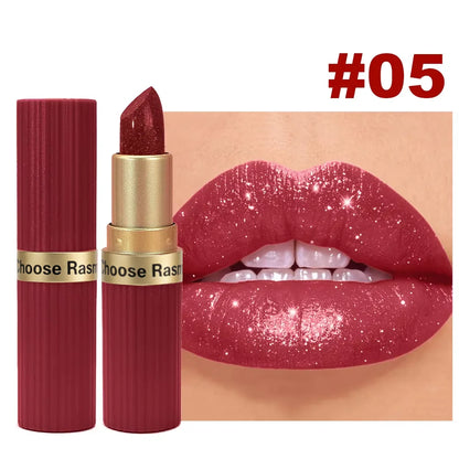 Pearlescent Pink Glitter Lipstick - Waterproof Long-Lasting Matte Metallic Shimmer Makeup