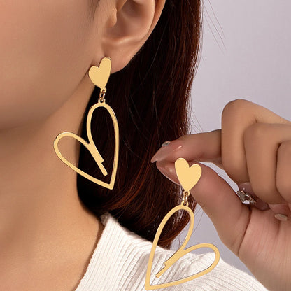 2024 Trendy Heart Dangle Earrings — Double-Layer Love Pendants for Women, Bohemian Hanging Ear Jewelry