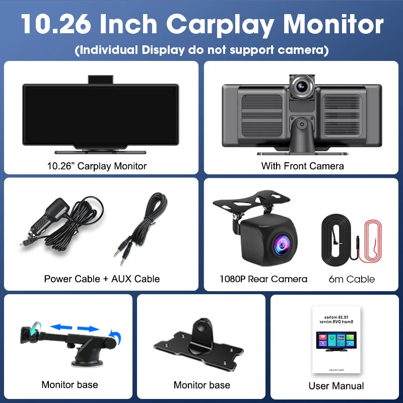 10.26'' 4K Dash Cam Car Mirror Video Player - Wireless CarPlay, Android Auto, GPS, and Rearview Camera Monitor