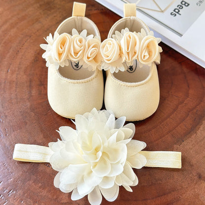 Baby Girls Flat Shoes with Flower Decor & Matching Headband – Princess Crib First Walker Shoes for Newborns and Infants