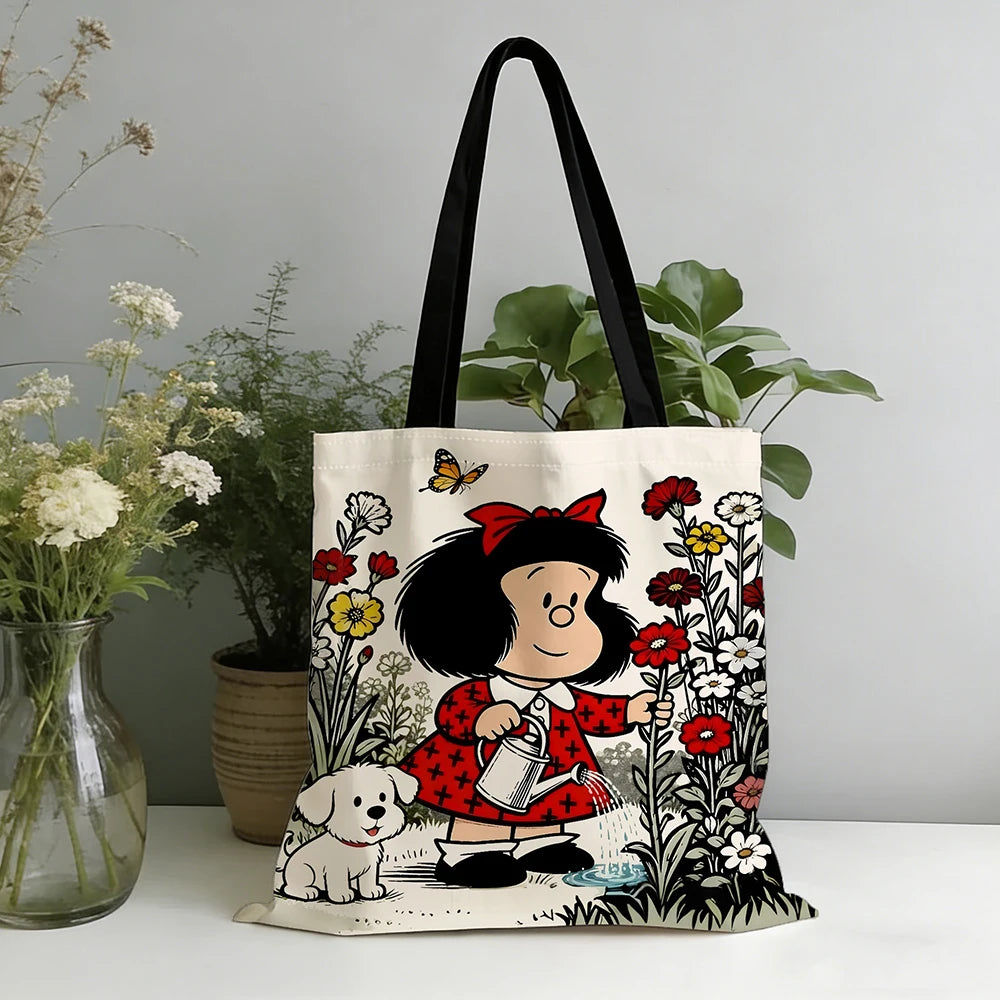 Vintage Cartoon Girl & Puppy Gardening Tote Bag – Cute Floral Watering Scene Canvas Shopper with Butterfly Design, Large Capacity Casual Handbag