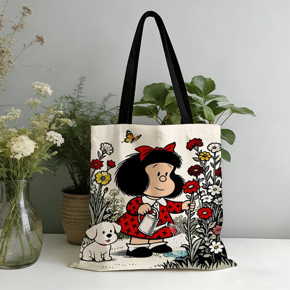 Vintage Cartoon Girl & Puppy Gardening Tote Bag – Cute Floral Watering Scene Canvas Shopper with Butterfly Design, Large Capacity Casual Handbag
