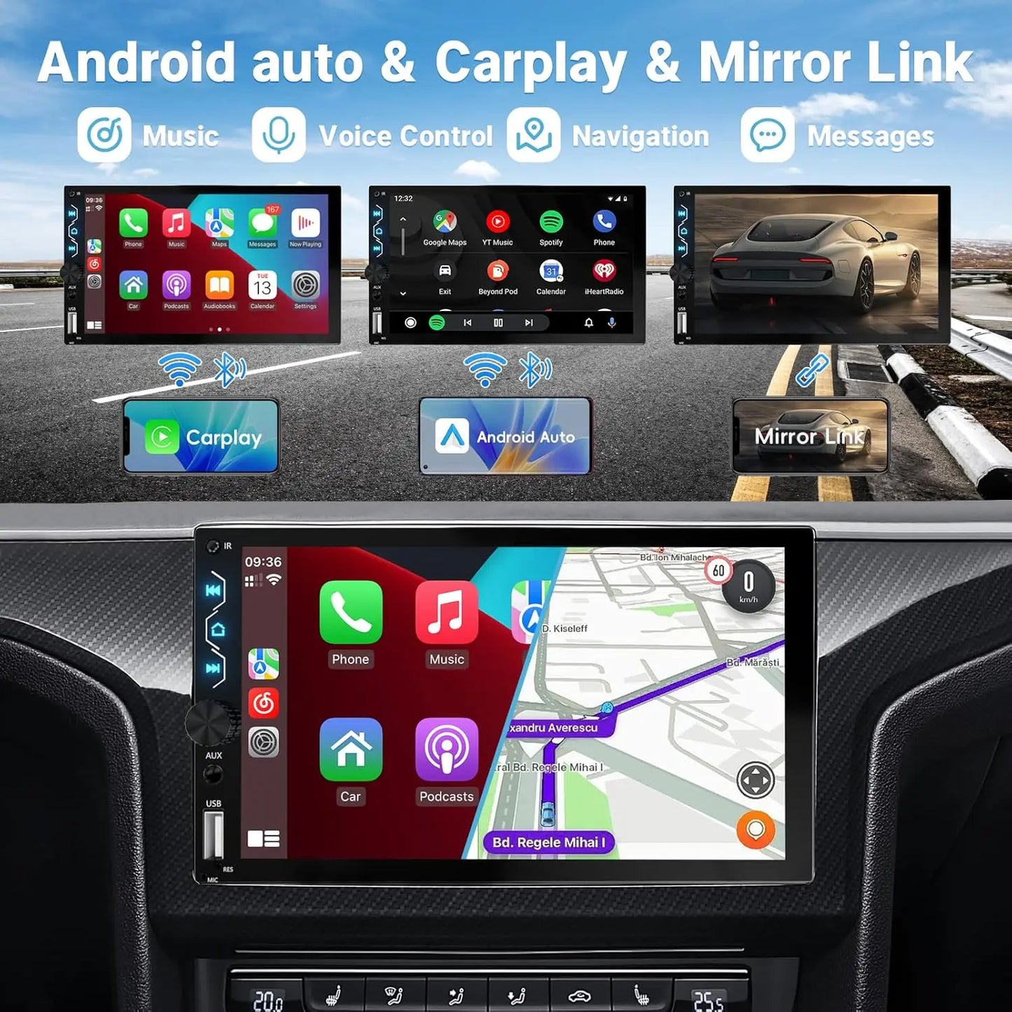 7" Wireless 2DIN Car Radio Stereo – HD Touchscreen CarPlay Android Auto Video Player with Bluetooth, FM & Rear View Camera