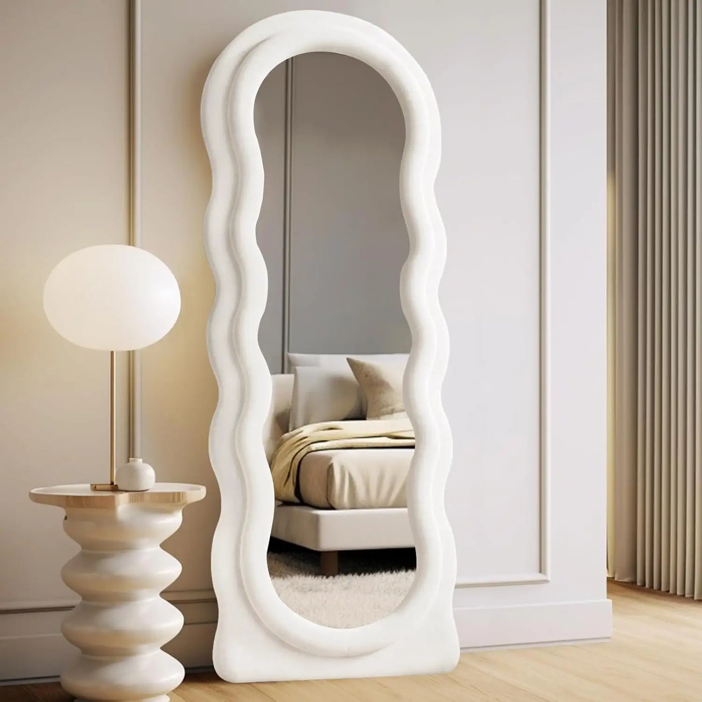 Full-Length Arched Floor Mirror – 63"x24" Wavy Full Body Mirror with Stand, Wall Mounted Leaning Milk Tea Flannel Frame