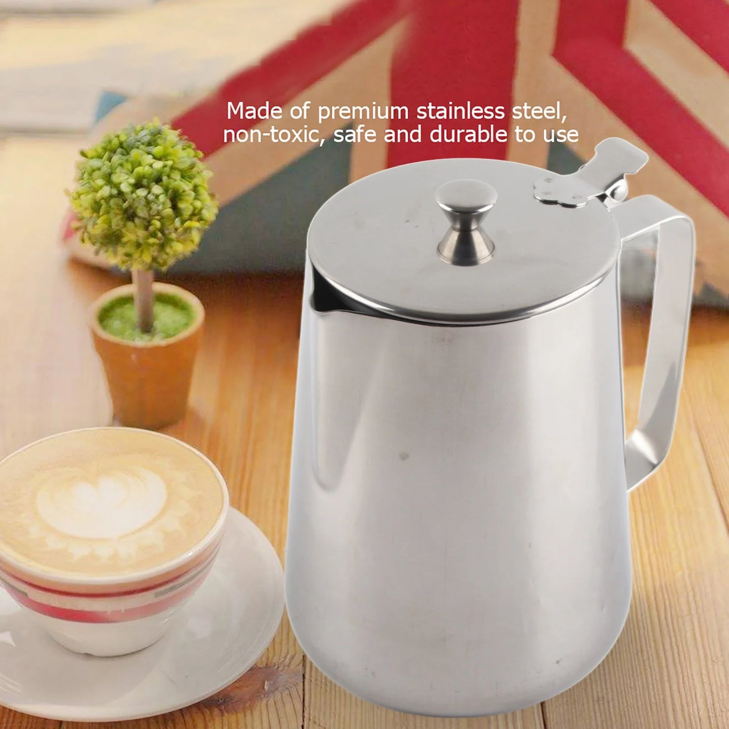 Stainless Steel Coffee Mug & Milk Frothing Pitcher with Lid – Latte Art Barista Cup for Coffee & Milk Drinks