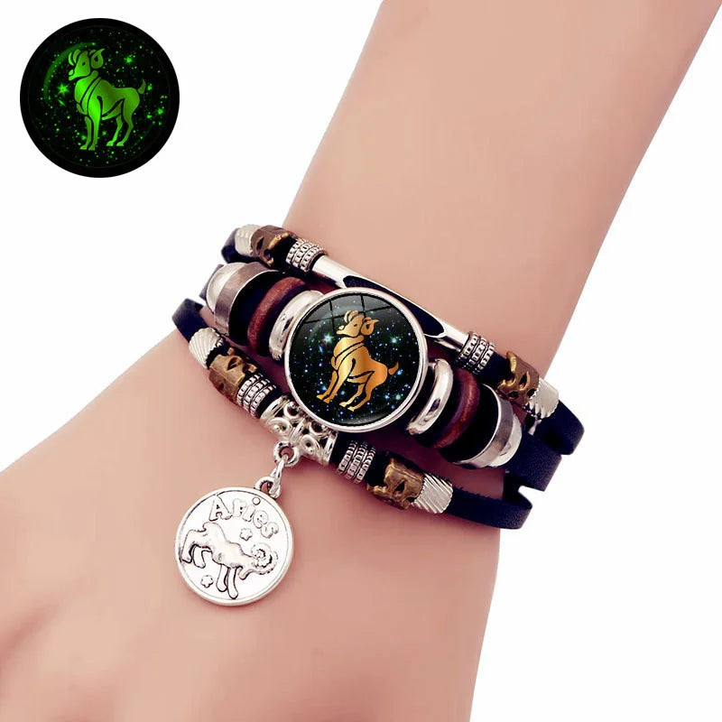 Luminous 12 Constellation Vintage Bracelet - Braided Punk Leather Glow-in-the-Dark for Men & Women, Birthday Gift