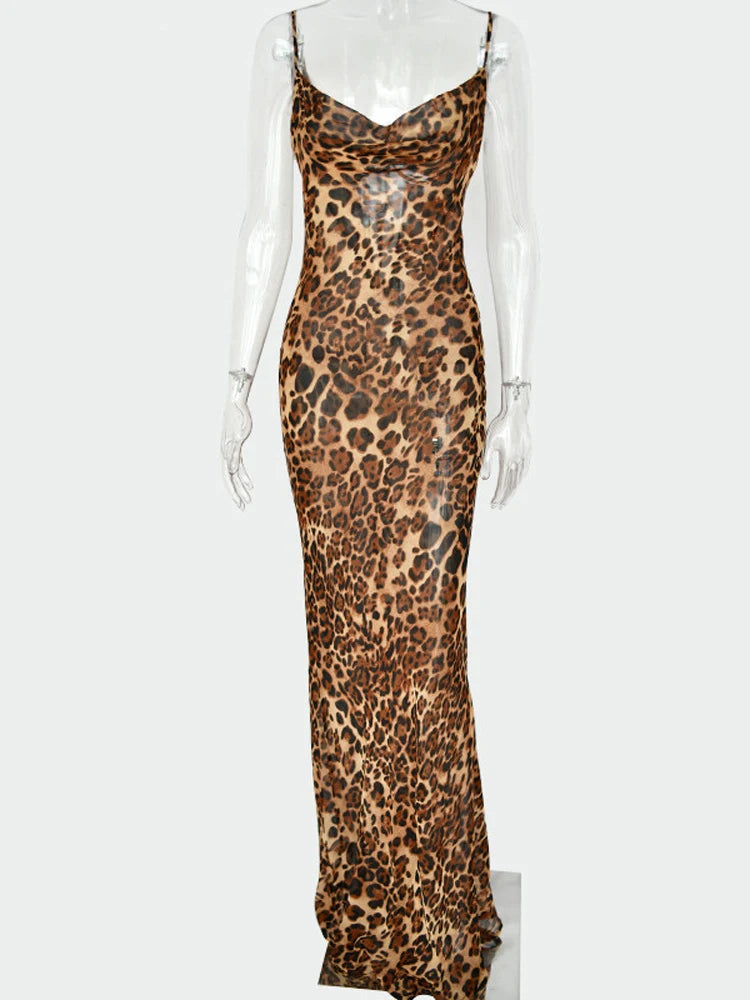 Julissa Mo Leopard Print V-Neck Bodycon Long Dress - Lace Up Backless Summer Dresses for Women, Straps Party Beach Vestidos