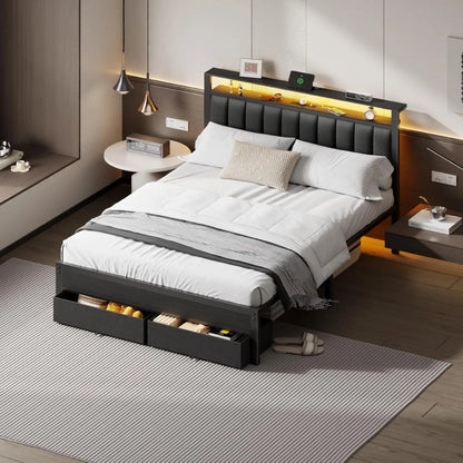 LED Bed Frame with Charging Station – Grey Upholstered Headboard with Shelves, Metal Platform Platform Bed with Custom Storage Design