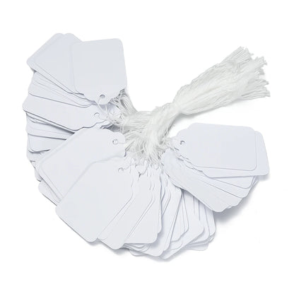 100PCS Price Label Tags — Rectangular Blank Paper Cards with String Tie for Watch & Jewelry Display Merchandise