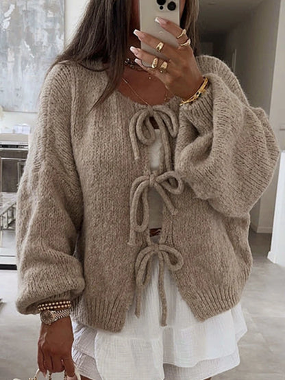 Fashion Knitted Bow Lace-Up Cardigan for Women – Y2K Open Front Sweater, Sweet Lantern Sleeve Oversized Knit Cardigan