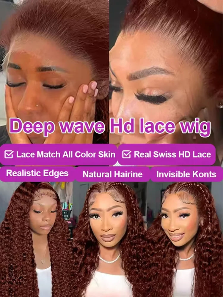 30–40 Inch Reddish Brown Human Hair Wig – 13x6/13x4/13x7 HD Lace Frontal, 250% Density Colored Deep Wave Curly Wig