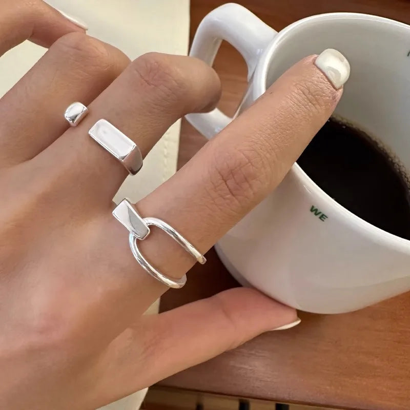 VENTFILLE 925 Sterling Silver Ring for Women - Geometric Hollowed-Out Design, Overlapping Simple Style, Perfect Gift