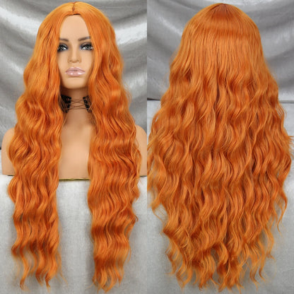 Long Wavy Green Synthetic Wig – Heat-Resistant Women's Cosplay, Party, Lolita Style, Half Part, Red/Black/Pink