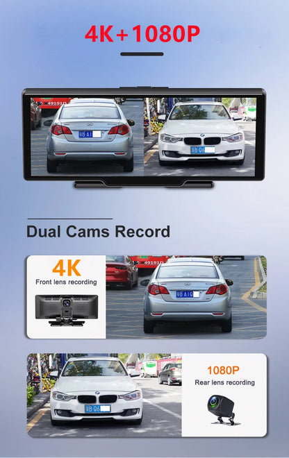 4K 10.26-Inch Dash Cam with Rearview Camera – WiFi CarPlay & Android Auto DVR, GPS Navigation, Dual Lens Mirror Recorder with AUX