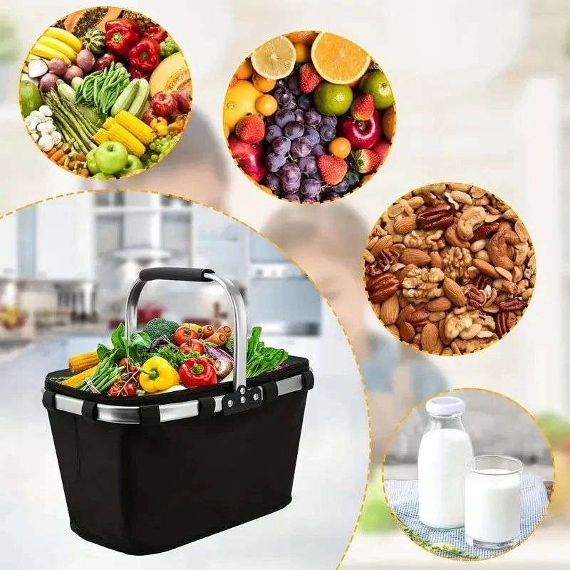 Insulated Picnic & Shopping Basket — Waterproof Foldable Cooler with Locking Lid for Outdoor Food Storage