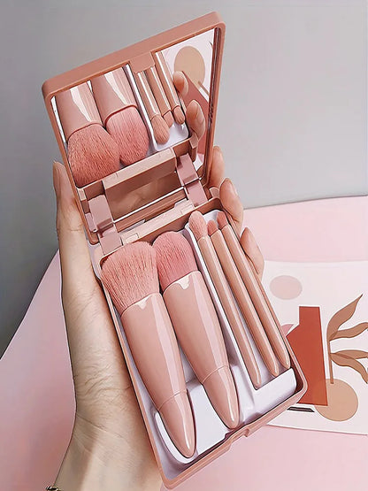 5Pcs Portable Makeup Brush Set - Foldable Travel Kit with Mirror Mini Cosmetic Brushes for Beauty On The Go