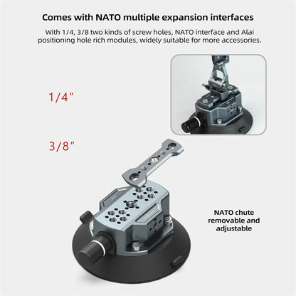 Hand Pump Suction Cup Camera Mount – 360° Adjustable Holder with NATO Clamp for GoPro, Insta360, DSLR & Action Cameras (1/4" & 3/8")