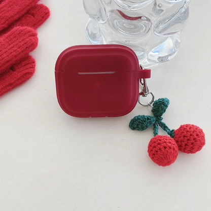 Knitted Red Cherry Pendant Soft Silicone Earphone Case for AirPods Pro 2 & AirPods 1/2/3/4 — Protective Cover with Keychain