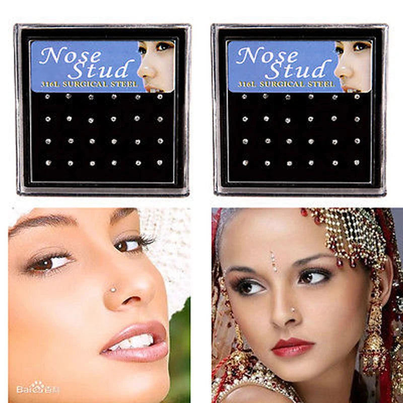 24pcs Crystal Nose Ring & Stud Set – Stainless Steel Surgical Nose Piercing Jewelry, Colorful Rhinestone for Women & Girls