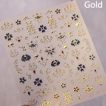 5D Gold Stamped Nail Art Stickers - Silver Sun Stars Snake Chinese Style Self-Adhesive Manicure Decals
