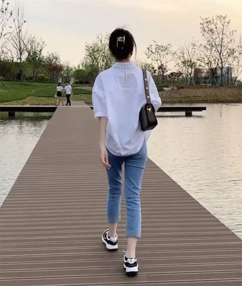 2025 Women’s Cotton Mid-Sleeve Loose Blouse – Casual Irregular Summer Shirt Korean Fashion