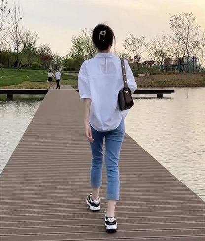 2025 Women’s Cotton Mid-Sleeve Loose Blouse – Casual Irregular Summer Shirt Korean Fashion