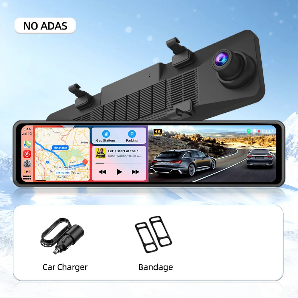 Imagebon 12" 4K Car Mirror – Wireless CarPlay, Android Auto, ADAS, Rearview Camera, GPS, FM, Night Vision Video Recorder