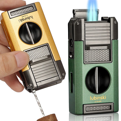 LUBINSKI 2-Torch Cigar Lighter – Metal Butane Gas Lighter with V-Cutter, Punch, and Needle Dredge for Cigar