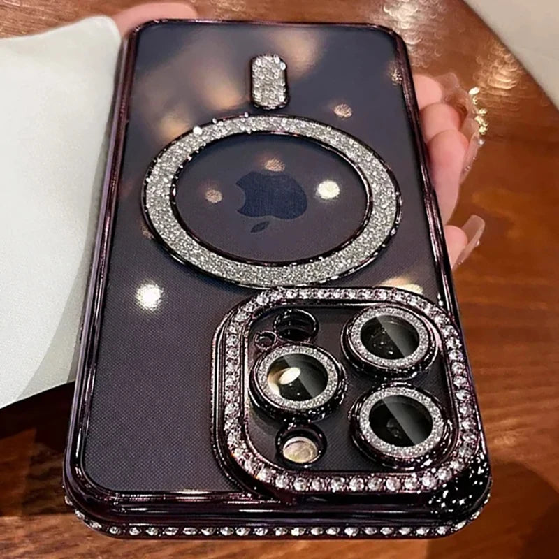 Glitter Diamond Clear Magnetic iPhone Case - Transparent Bumper Cover with Wireless Charging Support for iPhone 12–18 Pro Max & Plus
