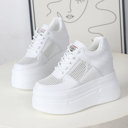 Women’s Genuine Leather Platform Sneakers – 12CM Wedge Casual Breathable Hidden Heel Zapatillas Mujer