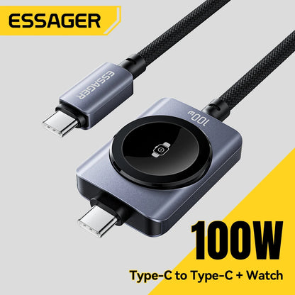Essager 100W 2-in-1 Magnetic Charging Cable - USB-C to USB-C Fast Charger for iPhone & Apple Watch
