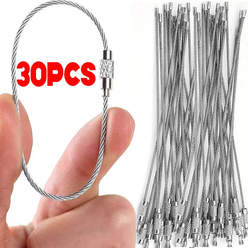 Metal Keychain Tag with Stainless Steel Wire Cable - Screw Lock Gadget Ring for Camping & Hardware