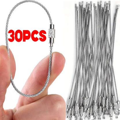 Metal Keychain Tag with Stainless Steel Wire Cable - Screw Lock Gadget Ring for Camping & Hardware