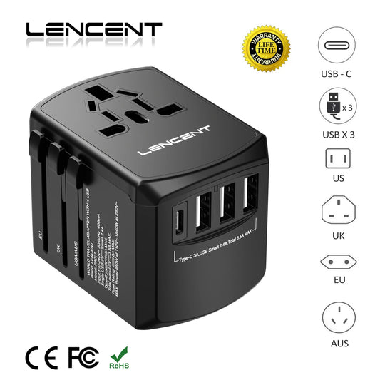 LENCENT International Travel Adapter - All-in-One Wall Charger with 3 USB Ports and 1 Type-C, for US, EU, UK, AUS Travel