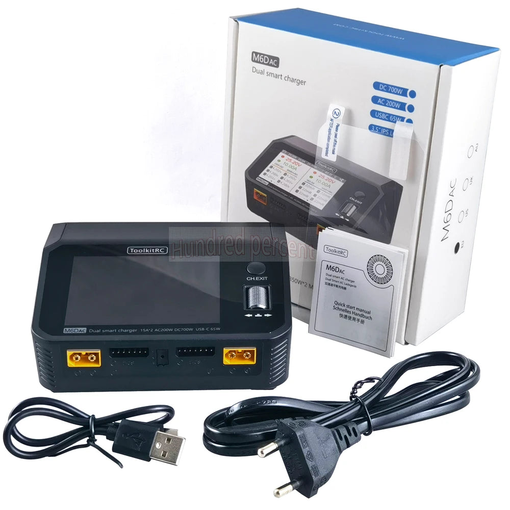 ToolkitRC M6DAC Dual Channel Smart LiPo Battery Charger – 200W AC, 350W DC x2, 15A for 1-6S LiHV PD 65W Discharger