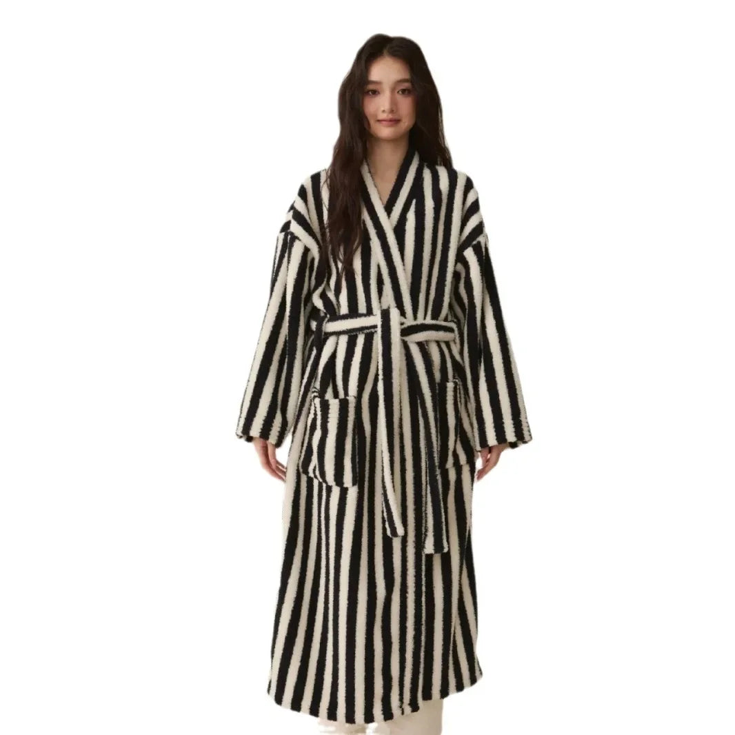 Couple’s Thickened Flannel Pajama Set – Coral Velvet Bathrobe & Striped Pants for Autumn Winter Homewear