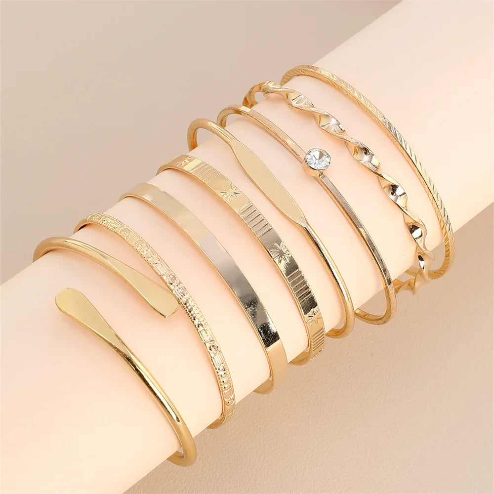 8Pcs Fashion Twist Texture Crystal Geometric Bangle Bracelet Set for Women – Statement Jewelry Accessories