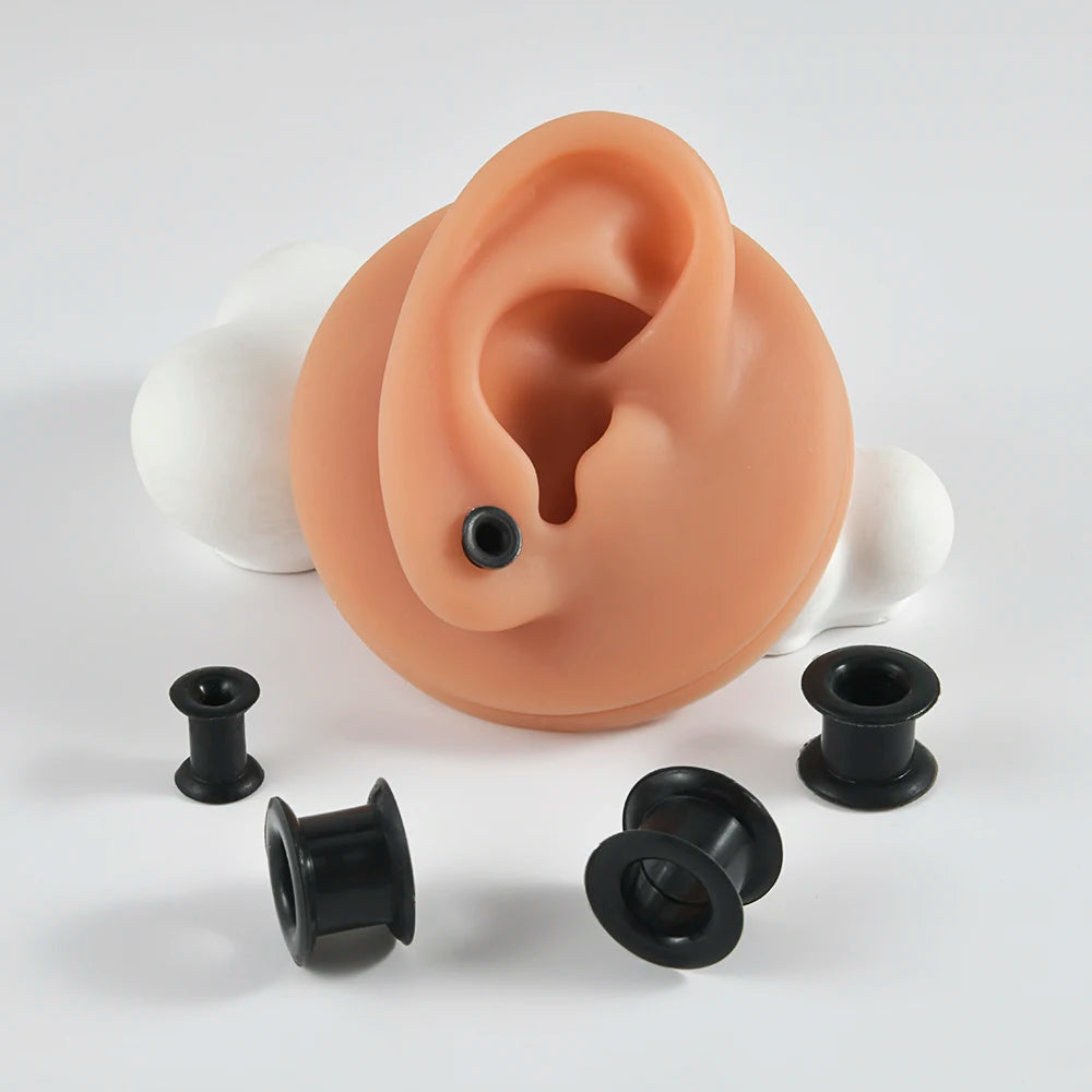 Pair of Supersize Black Silicone Double Flared Ear Tunnel Plugs — Flesh Gauge Expander Stretchers for Piercing