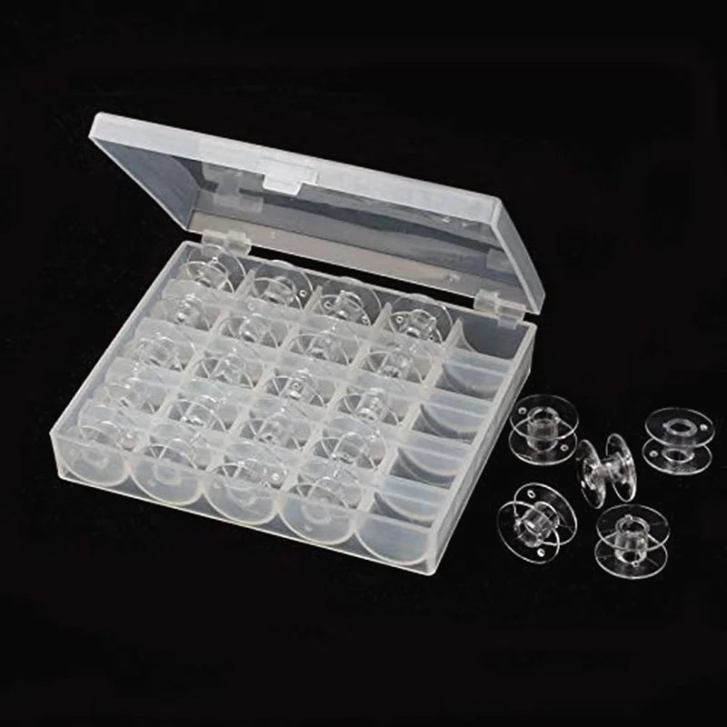 25PCS Clear Sewing Machine Bobbins – Empty Plastic Spools with Storage Box for Home Sewing Accessories