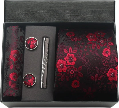 100% Silk Men’s Necktie Set with Paisley Floral Design, Business Tie with Pocket Square, Tie Clip & Cufflinks Gift Box Set for Men