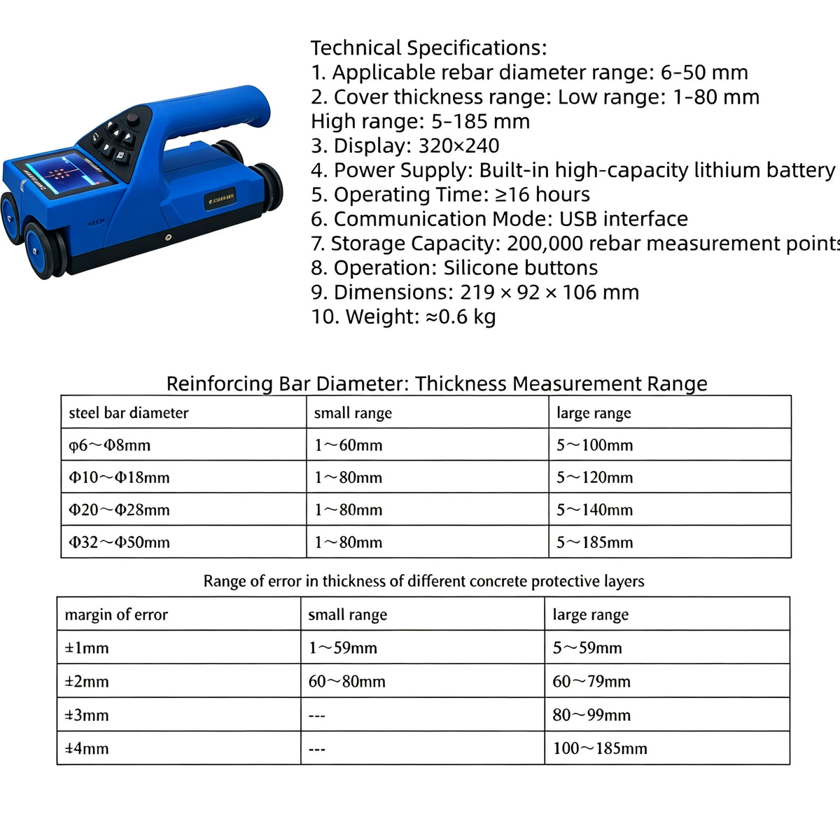Ba-R71F Concrete Rebar Scanner - Portable Rebar, Metal & Distance Detection Tool for Construction Measuring