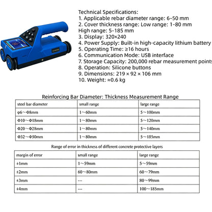 Ba-R71F Concrete Rebar Scanner - Portable Rebar, Metal & Distance Detection Tool for Construction Measuring