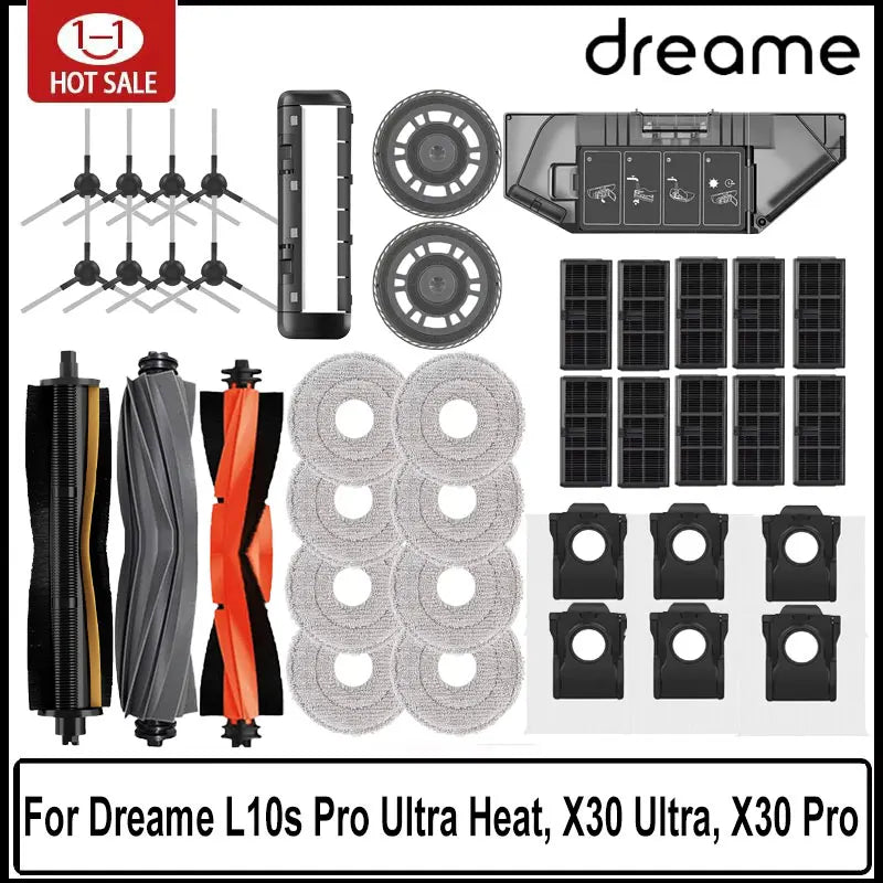 Dreame Robot Vacuum Accessories - Replacement Main Brush, Side Brush, Filter, Mop & Dust Bag for L10s Pro Ultra X30 Series