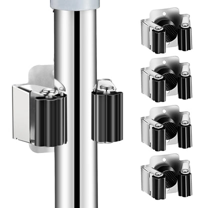 Stainless Steel Mop Clip Holder — Wall-Mounted Broom & Brush Hanger Rack for Kitchen & Bathroom Organization