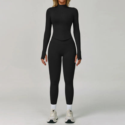 2/3PCS Women’s Seamless Yoga & Gym Set – Push-Up Sports Bra, Long Sleeve Jacket & Workout Leggings