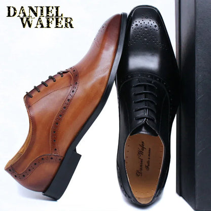 Men’s Genuine Leather Oxford Shoes - Brown and Black Snake Print Lace-Up Business Wedding Dress Shoes